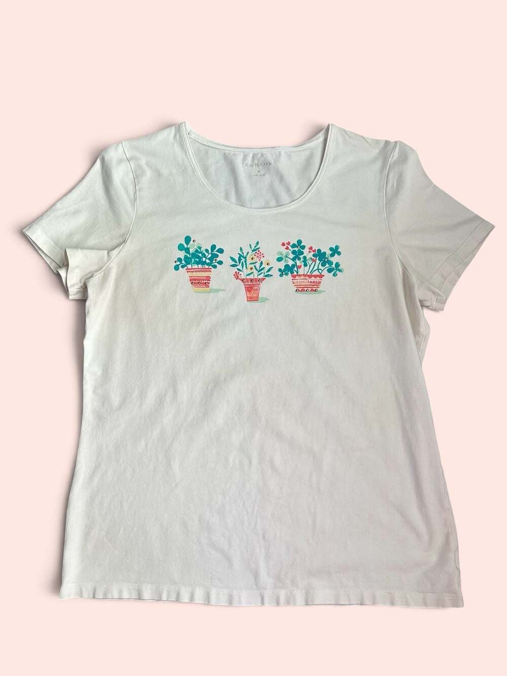 Kim Rogers White Short Sleeve Graphic T-Shirt with Potted Plant Design